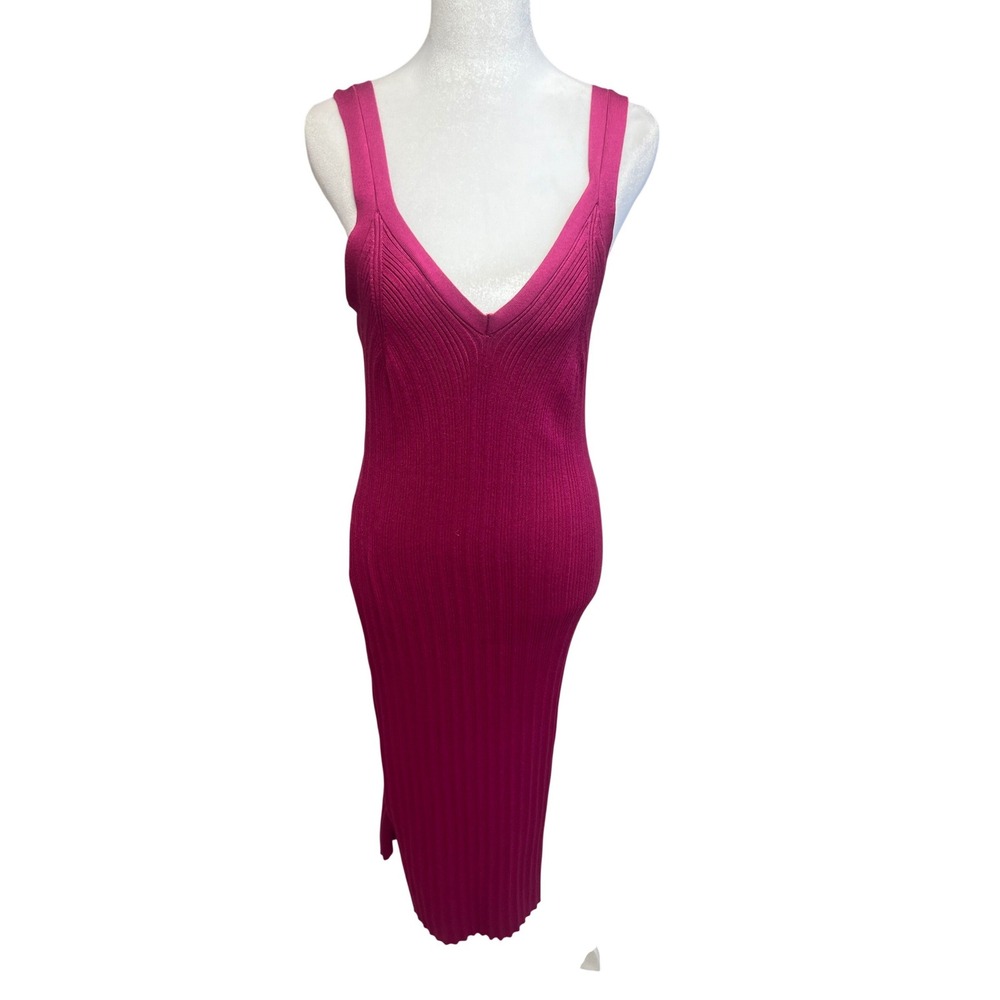 Bodycon Knit Midi Dress Sleeveless V-Neck Ribbed Pink Sz L Barbiecore Stretch